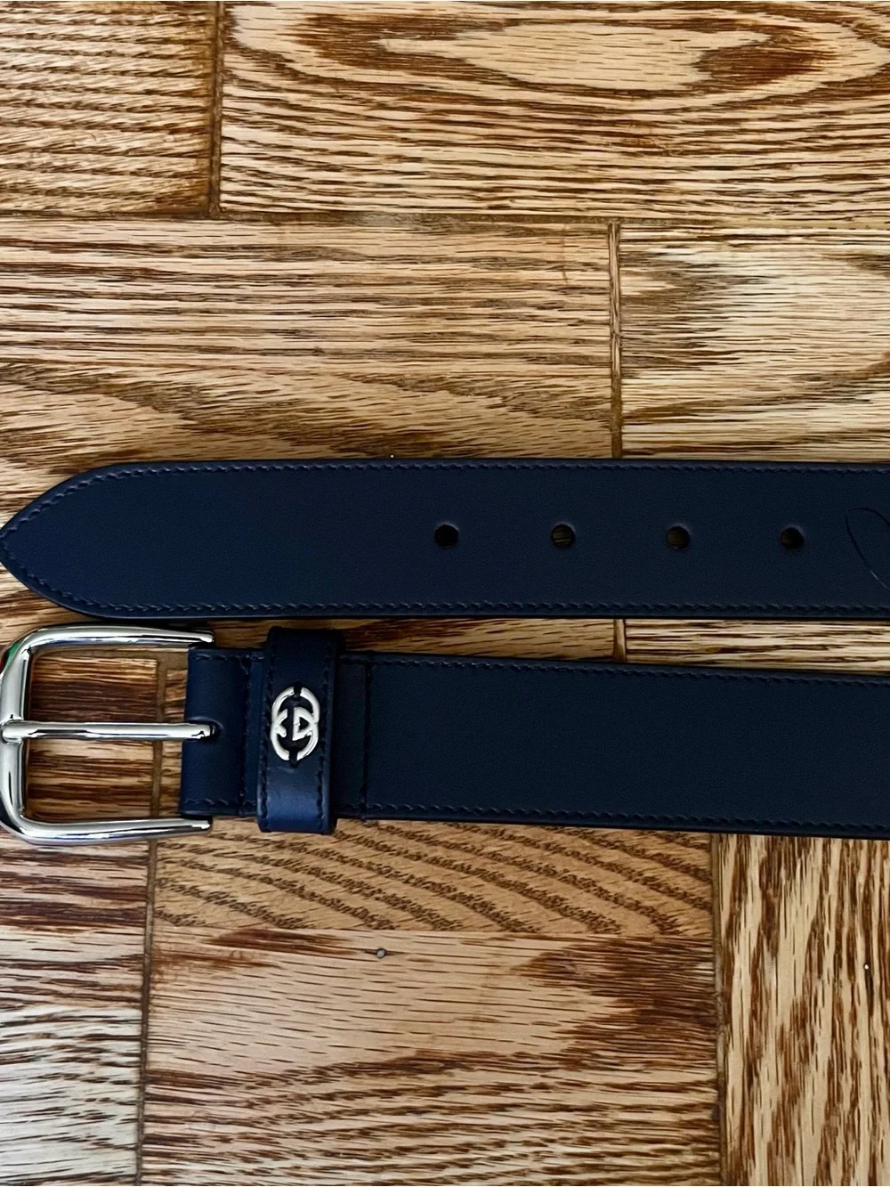 💯 GUCCI Men's Navy Leather Belt with silver  Double-G Logo Accent